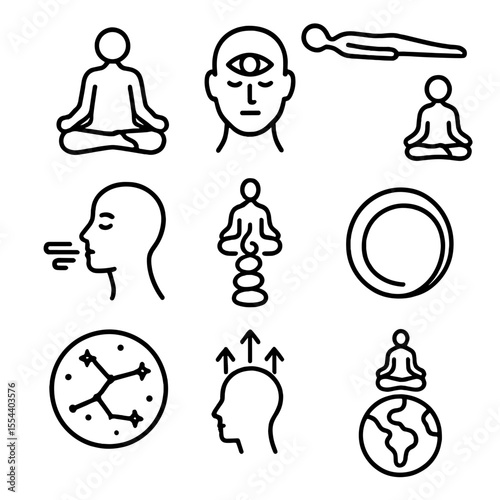 Meditation Icon Set. Outline icon set of Meditation and Astral Projection: seated lotus posture, third eye opening, astral body