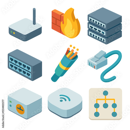 Network Icon Set. Isometric Flat icon set of network infrastructure: router, firewall, core switch, patch panel, fiber optic cable