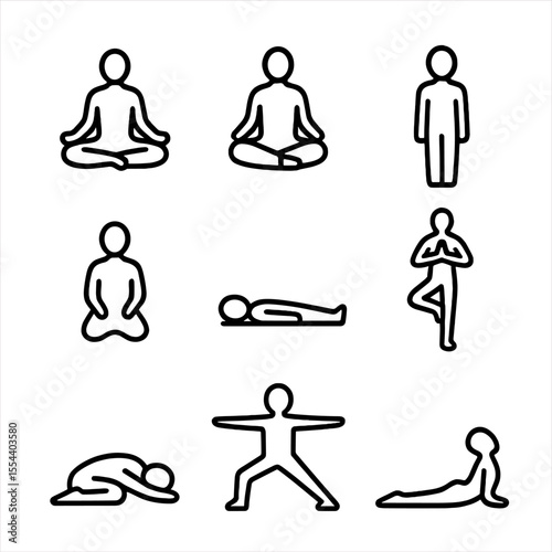 Meditation Pose Icons. Outline icon set of meditation poses: lotus position, seated cross-legged, kneeling pose, standing mountain
