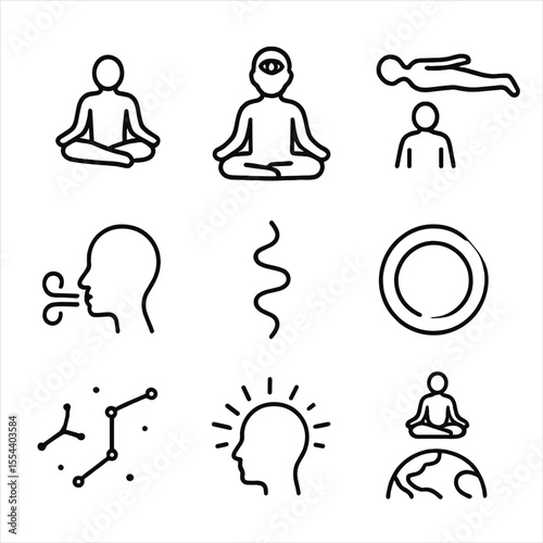 Meditation Icon Set. Outline icon set of Meditation and Astral Projection: seated lotus posture, third eye opening, astral body