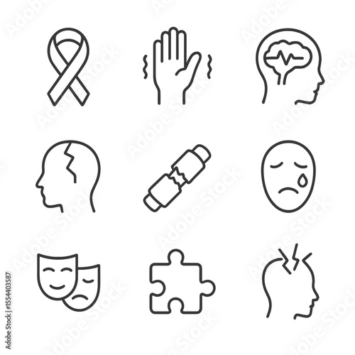 Neural Disorders Icons. Outline icon set of neural disorders: Alzheimer’s ribbon, Parkinson’s tremor hand, epilepsy brain wave,