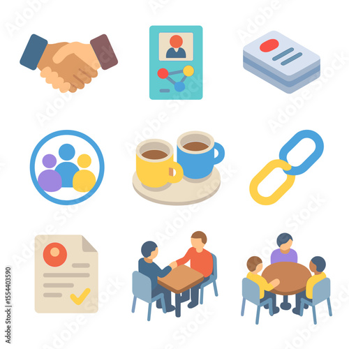Networking Icon Set. Isometric Flat icon set of networking and collaboration: handshake icon, networking event flyer, business