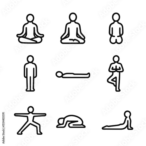 Meditation Pose Icons. Outline icon set of meditation poses: lotus position, seated cross-legged, kneeling pose, standing mountain