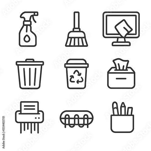 Office Cleanup Icons. Outline icon set of Office and Workspace Cleaning: desktop cleaner spray, keyboard brush, screen wipe, trash