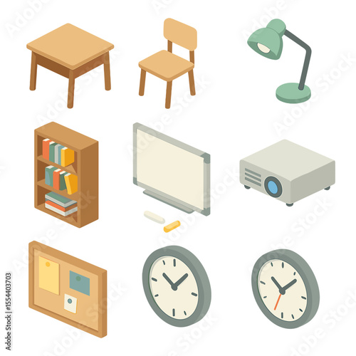Classroom Icons Grid. Isometric Flat icon set of classroom study environment: desk, chair, lamp, bookshelf, whiteboard, chalk,