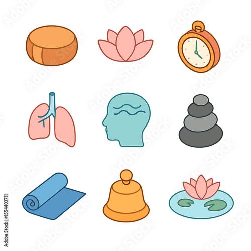 Mindfulness Icon Set. Isometric Flat icon set of mindfulness meditation apps: meditation cushion, lotus flower, timer, brain