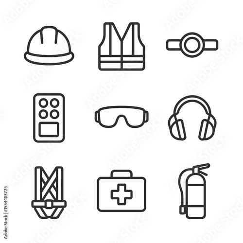 Mine Safety Icons. Outline icon set of mine safety equipment: hard hat, safety vest, headlamp, gas detector, protective goggles,