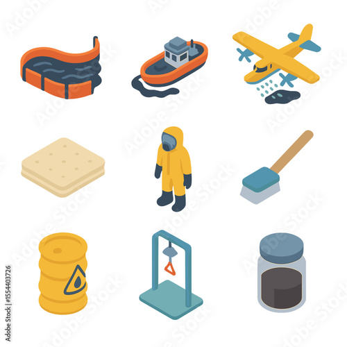 Oil Spill Response Icons. Isometric Flat icon set of oil spill response: oil containment boom, skimmer vessel, dispersant spray