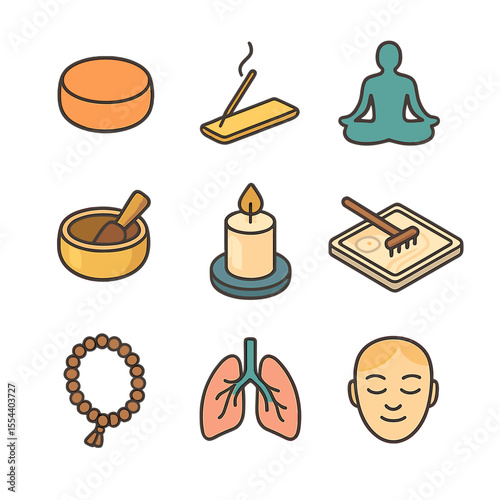 Mindfulness Icon Set. Isometric Flat icon set of mindfulness meditation: meditation cushion, incense stick, lotus pose silhouette,