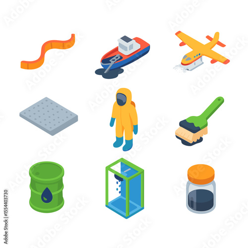 Oil Spill Response Icons. Isometric Flat icon set of oil spill response: oil containment boom, skimmer vessel, dispersant spray