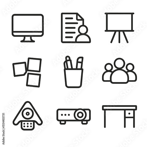 Office Collaboration Icons. Outline icon set of office collaboration desk: desktop monitor, shared document, whiteboard, sticky
