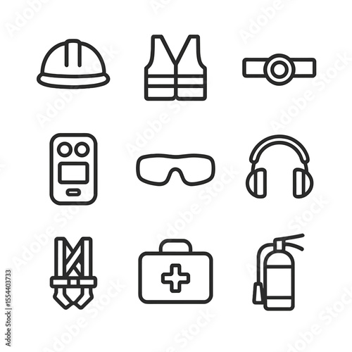 Mine Safety Icons. Outline icon set of mine safety equipment: hard hat, safety vest, headlamp, gas detector, protective goggles,