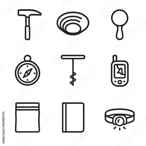 Mineral Prospecting Tools Icons. Outline icon set of mineral prospecting tools: rock hammer, prospecting pan, hand lens, geologist