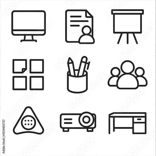 Office Collaboration Icons. Outline icon set of office collaboration desk: desktop monitor, shared document, whiteboard, sticky