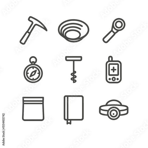 Mineral Prospecting Tools Icons. Outline icon set of mineral prospecting tools: rock hammer, prospecting pan, hand lens, geologist