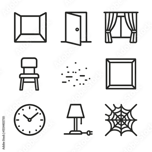 Minimalist Empty Space Icons. Outline icon set of empty spaces: empty room, open door, window curtain, bare chair, dusty floor,