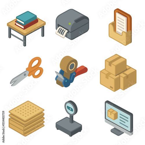 Online Bookstore Packing Icons. Isometric Flat icon set of online bookstore packing station: packing table, barcode printer,