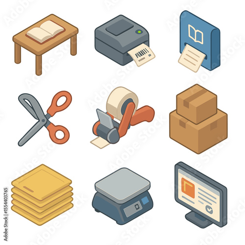 Online Bookstore Packing Icons. Isometric Flat icon set of online bookstore packing station: packing table, barcode printer,