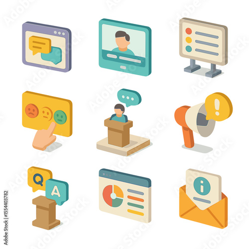 Online Communication Icons. Isometric Flat icon set of transparent communication online: open chat window, video call with