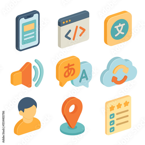 Mobile Language App Icons. Isometric Flat icon set of mobile language app development: smartphone with app mockup, code editor