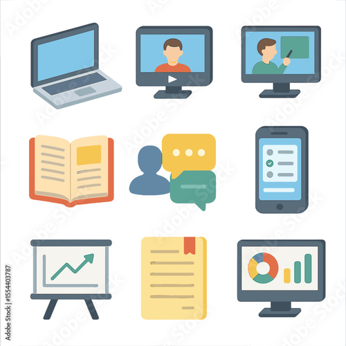 Online Learning Icons. Isometric Flat icon set of online learning tools: laptop, video lecture, webinar, e-book, discussion forum,