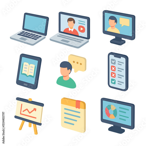 Online Learning Icons. Isometric Flat icon set of online learning tools: laptop, video lecture, webinar, e-book, discussion forum,