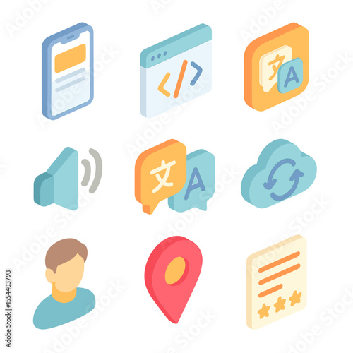 Mobile Language App Icons. Isometric Flat icon set of mobile language app development: smartphone with app mockup, code editor