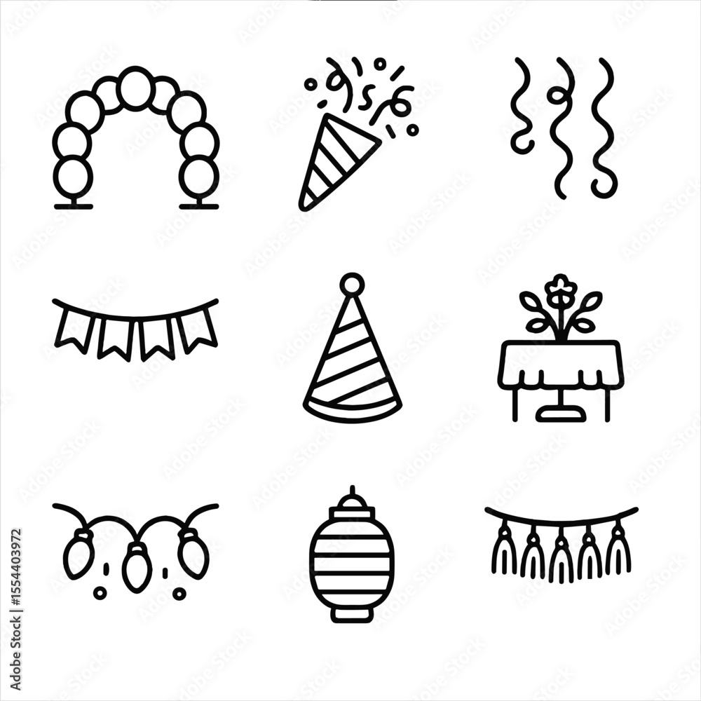 Party Decoration Icons. Outline icon set of surprise party decorations: balloon arch, confetti popper, streamers, banner, party Party Decoration Icons. Outline icon set of surprise party decorations: balloon arch, confetti popper, streamers, banner, party