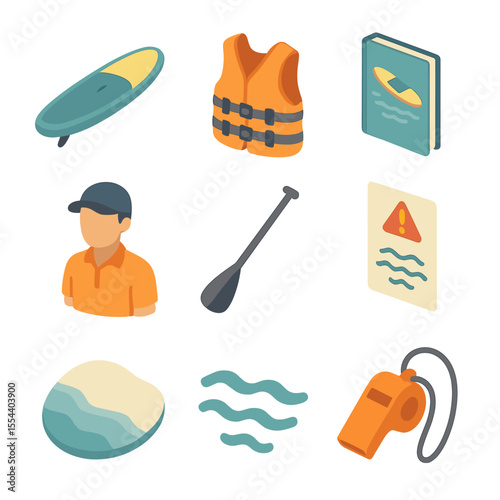 Paddleboarding Essentials Icons. Isometric Flat icon set of beginner paddleboarding essentials: rental board, life jacket,