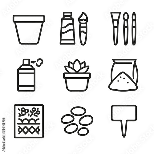 Painted Plant Pot Icons. Outline icon set of Painted Plant Pot Planters: terracotta pot, acrylic paint, paintbrush set, sealant