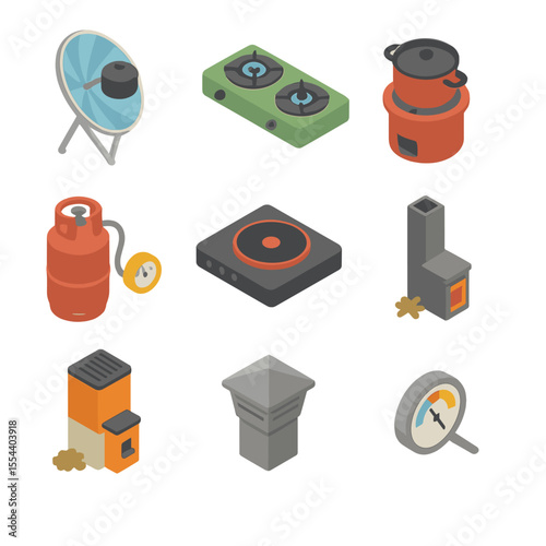 Clean Cooking Technology Icons. Isometric Flat icon set of clean cooking technologies: solar cooker, biogas stove, improved