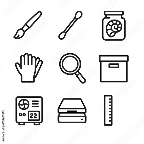 Museum Artifact Icons. Outline icon set of museum artifact conservation: paintbrush, cotton swab, conservation jar, latex gloves,