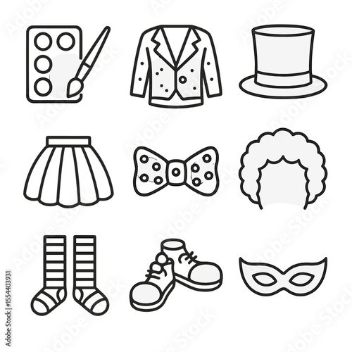 Parade Costume Icons. Outline icon set of parade costumes and makeup: face paint palette, sequined jacket, top hat, tutu skirt,
