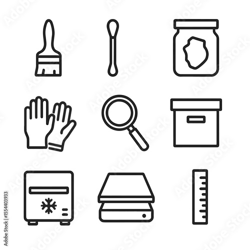 Museum Artifact Icons. Outline icon set of museum artifact conservation: paintbrush, cotton swab, conservation jar, latex gloves,