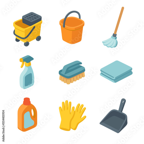 Cleaning Supplies Icons. Isometric Flat icon set of cleaning buckets and supplies: mop bucket with wringer, handheld bucket, mop,