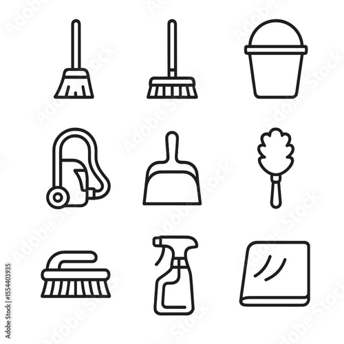 Cleaning Tools Icons. Outline icon set of Household Cleaning Tools: broom, mop, bucket, vacuum cleaner, dustpan, duster, scrub