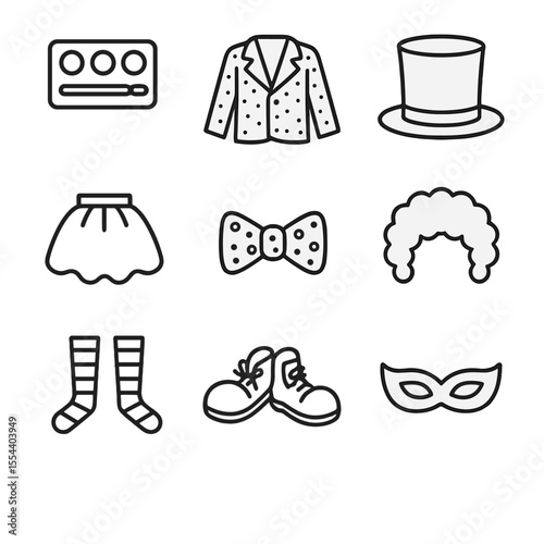 Parade Costume Icons. Outline icon set of parade costumes and makeup: face paint palette, sequined jacket, top hat, tutu skirt,
