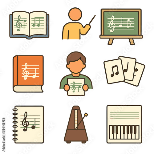 Music Education Icons. Isometric Flat icon set of music education: open music theory book, teacher pointer at staff, chalkboard