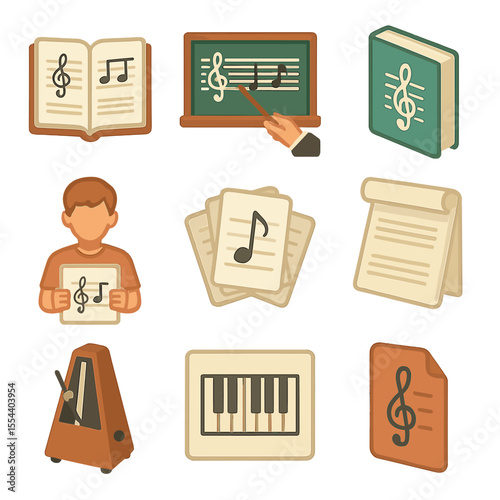 Music Education Icons. Isometric Flat icon set of music education: open music theory book, teacher pointer at staff, chalkboard