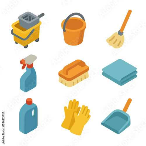 Cleaning Supplies Icons. Isometric Flat icon set of cleaning buckets and supplies: mop bucket with wringer, handheld bucket, mop,