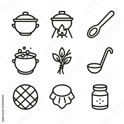Clay Pot Cookware Icons. Outline icon set of clay pot cooking: clay pot with lid, fire pit, wooden spoon, stew bubbling, herbs