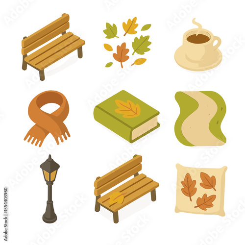 Park Bench Icon Set. Isometric Flat icon set of park bench and leaves: wooden bench, scattered leaves, cup of hot drink, scarf