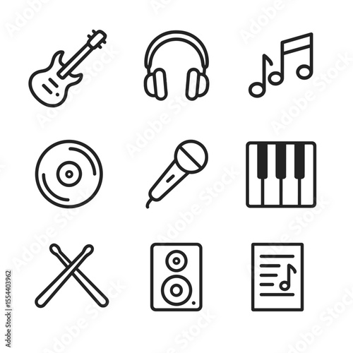 Music Enthusiast Icons. Outline icon set of Music Enthusiast Lifestyle: electric guitar, headphones, musical notes, vinyl record,