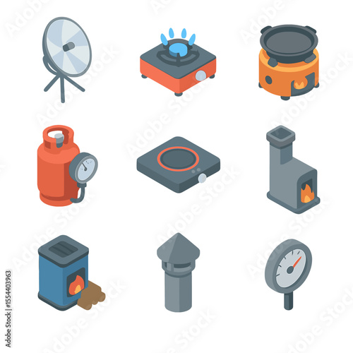 Clean Cooking Technology Icons. Isometric Flat icon set of clean cooking technologies: solar cooker, biogas stove, improved