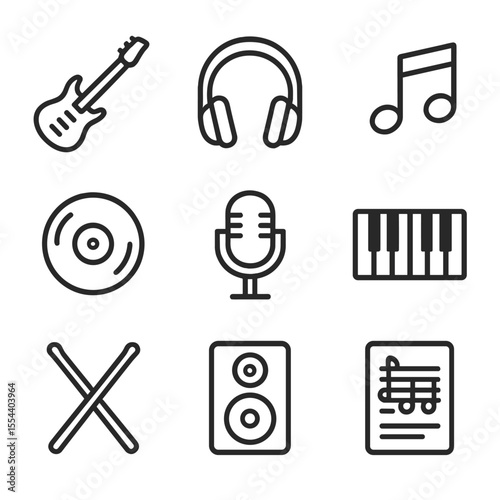 Music Enthusiast Icons. Outline icon set of Music Enthusiast Lifestyle: electric guitar, headphones, musical notes, vinyl record,