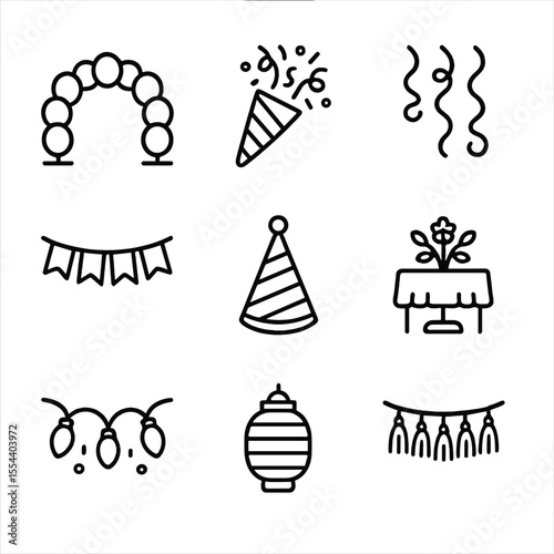 Party Decoration Icons. Outline icon set of surprise party decorations: balloon arch, confetti popper, streamers, banner, party