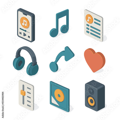 Music Playlist Icons. Isometric Flat icon set of collaborative music playlists: smartphone with music app, musical note, playlist