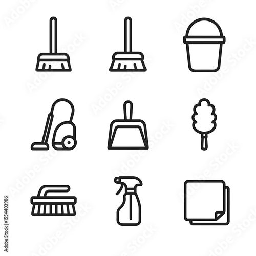 Cleaning Tools Icons. Outline icon set of Household Cleaning Tools: broom, mop, bucket, vacuum cleaner, dustpan, duster, scrub