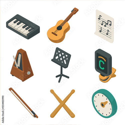 Music Practice Icons. Isometric Flat icon set of music instrument practice: piano keyboard, guitar, sheet music, metronome, music