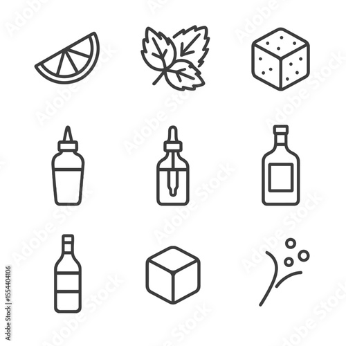 Cocktail Ingredients Icons. Outline icon set of cocktail ingredients: lime wedge, mint leaves, sugar cube, simple syrup, bitters